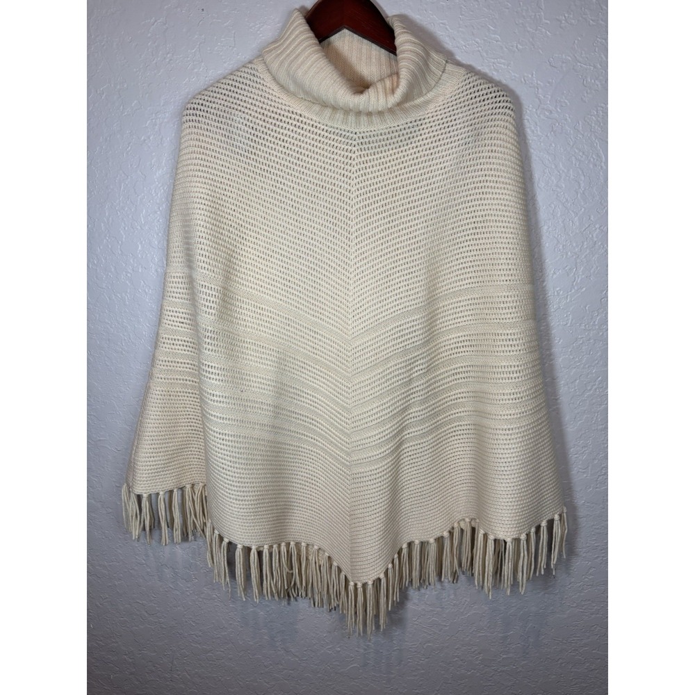 Talbots Cream Knit Turtleneck Fringe Poncho